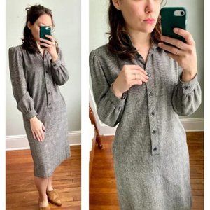 Vintage Midi Puff Sleeve Gray Plaid Checked Henley Button Down Wool Dress